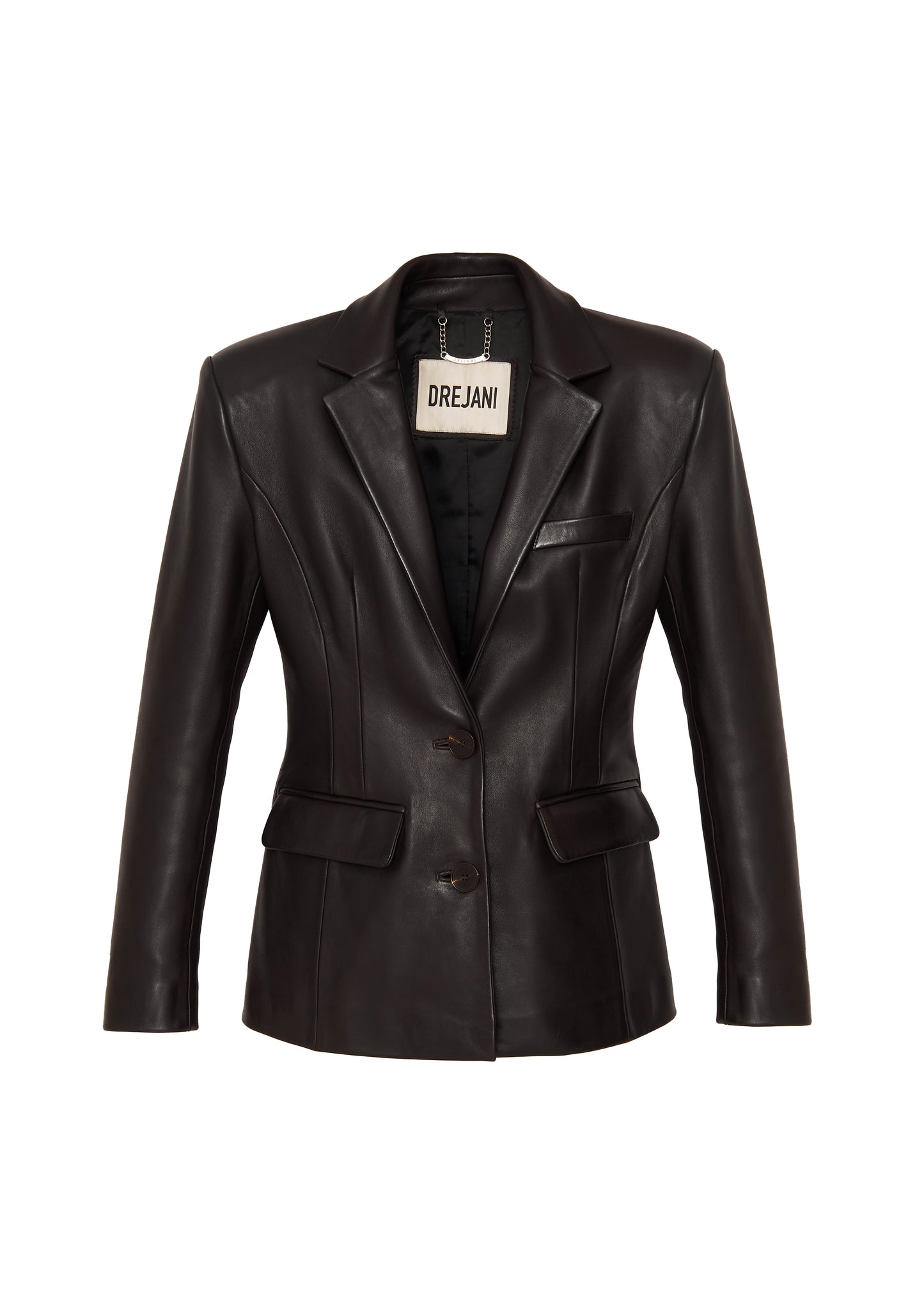 DREJANI dark brown leather blazer with a tailored fit, notched lapel, and two-button closure.