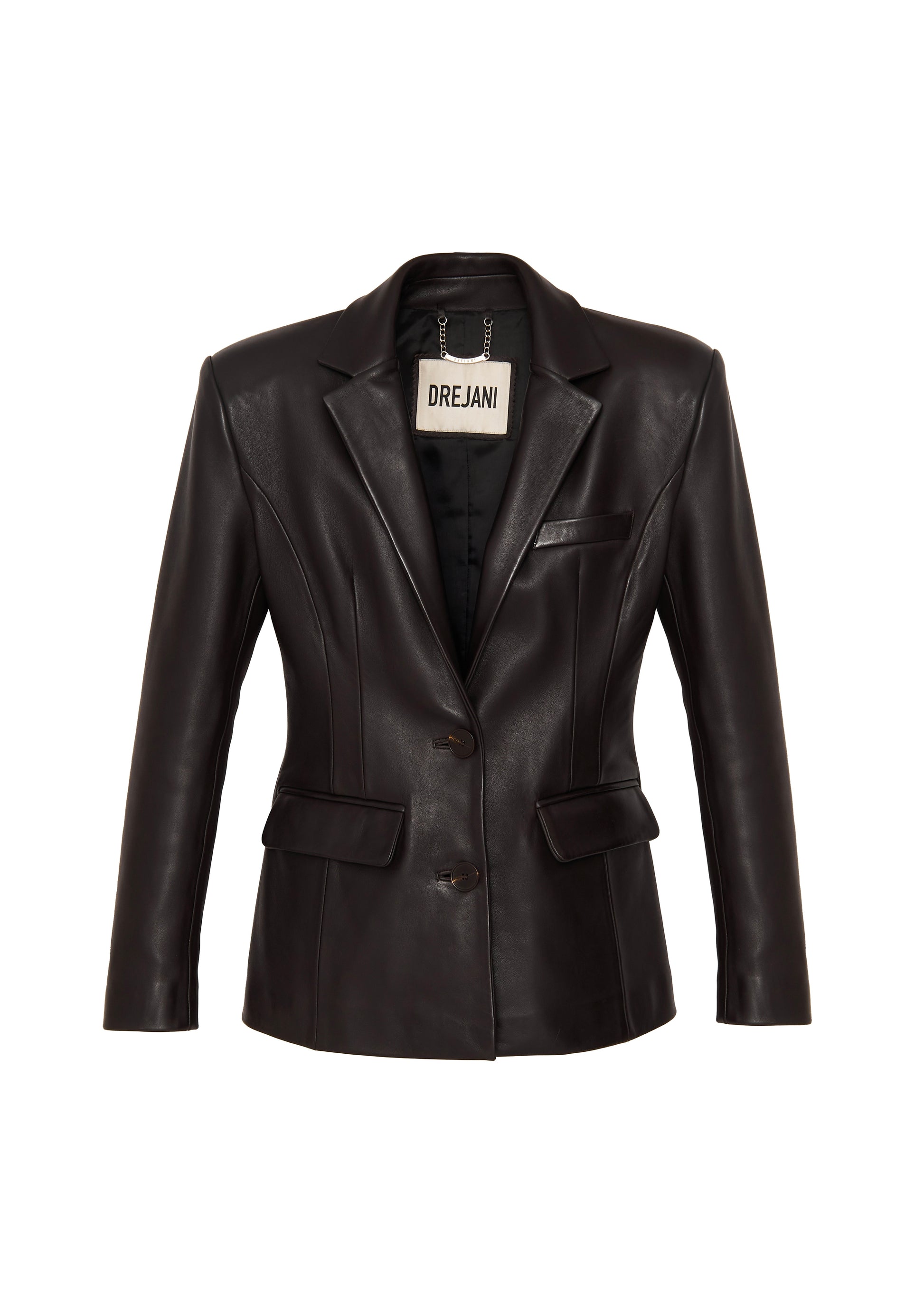 DREJANI dark brown leather blazer with a tailored fit, notched lapel, and two-button closure.