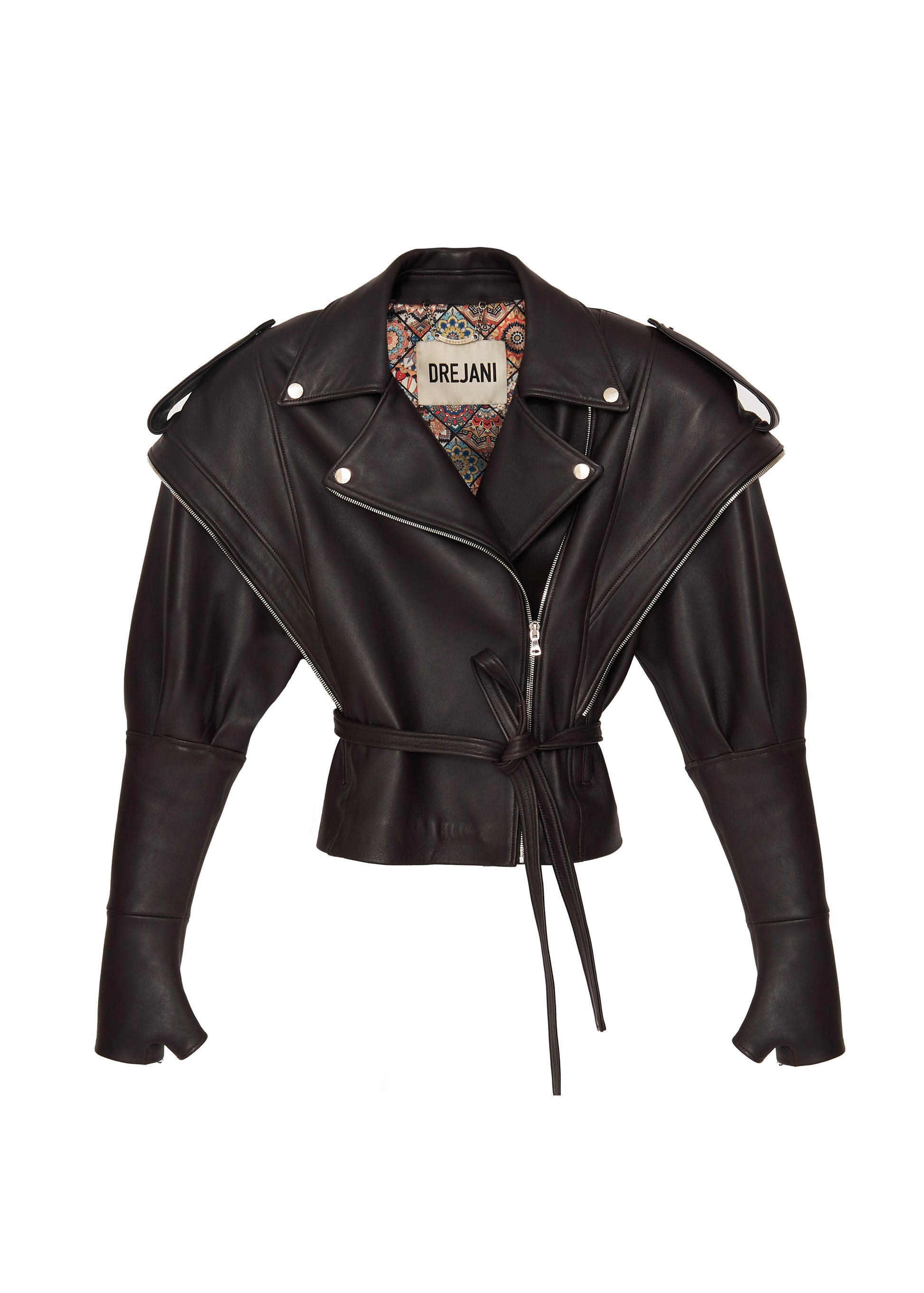 Front view of 'Sogno di Cacao' leather jacket by DREJANI, featuring zip details and a belted waist.