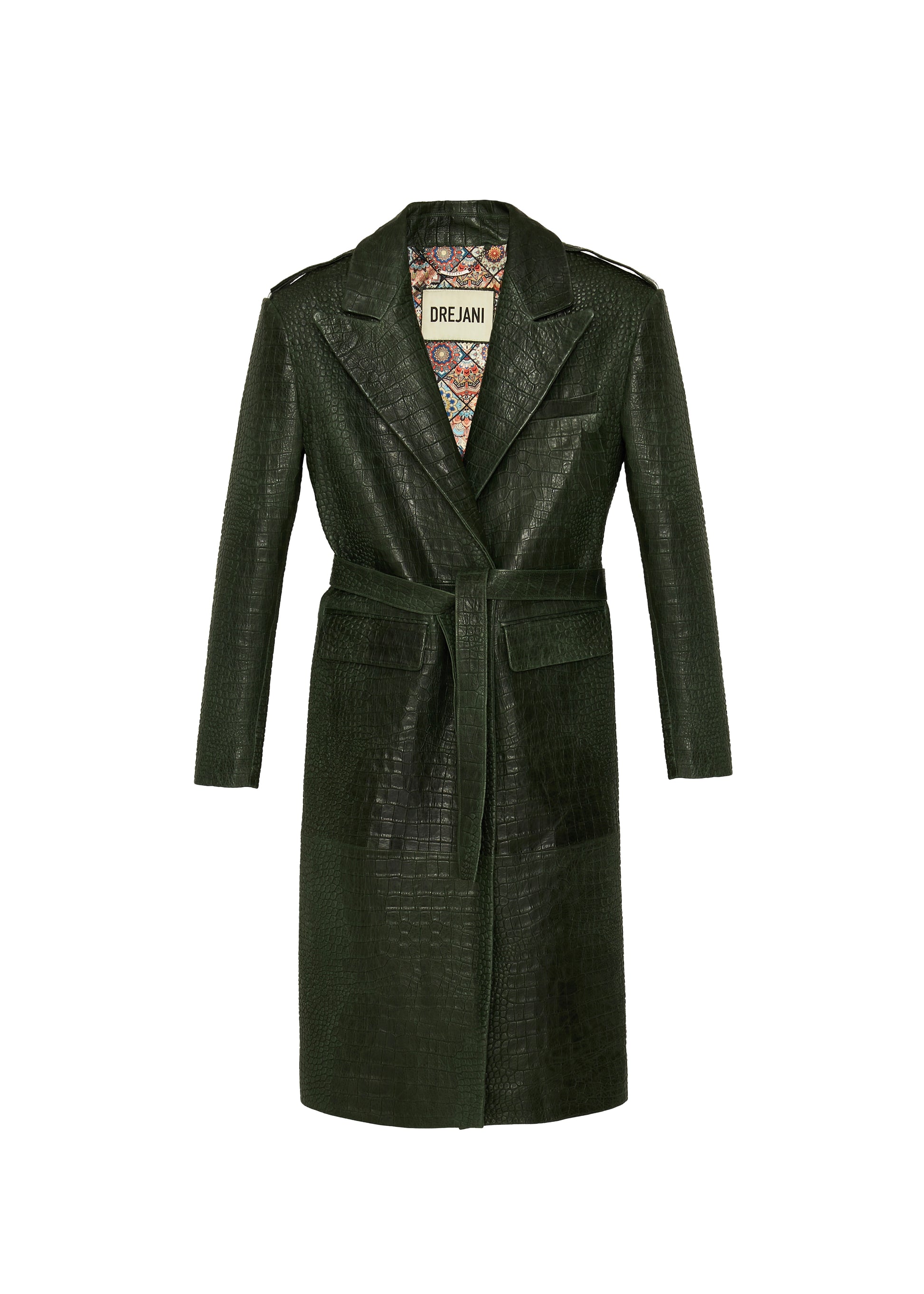 DREJANI luxurious green crocodile-embossed leather coat with a belt and notched lapel collar.