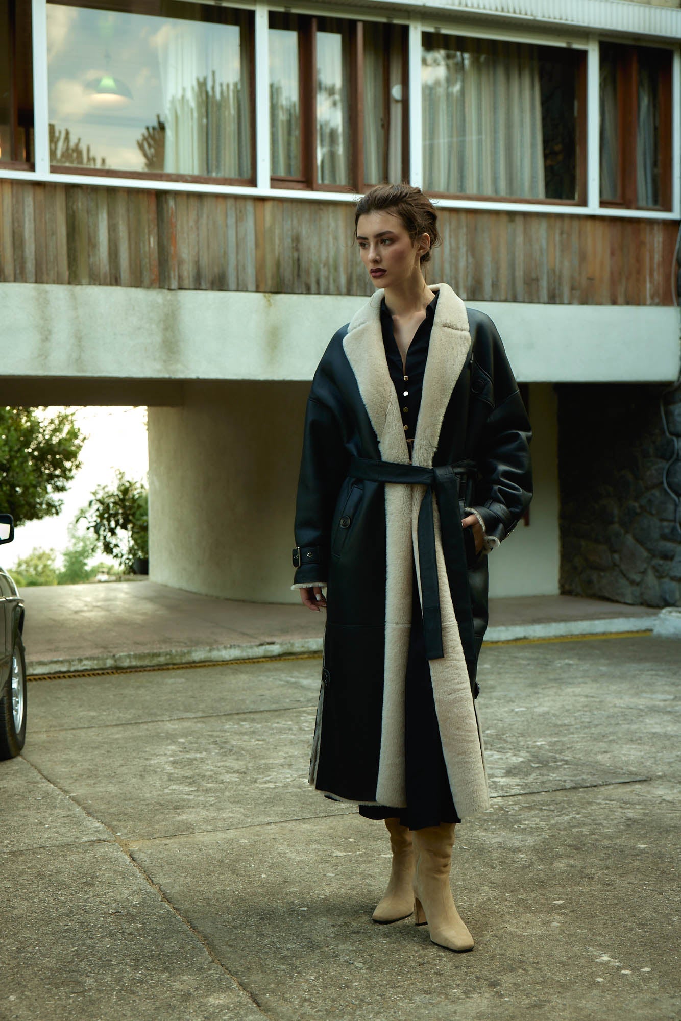 Model wearing Berghof Shearling Coat front view