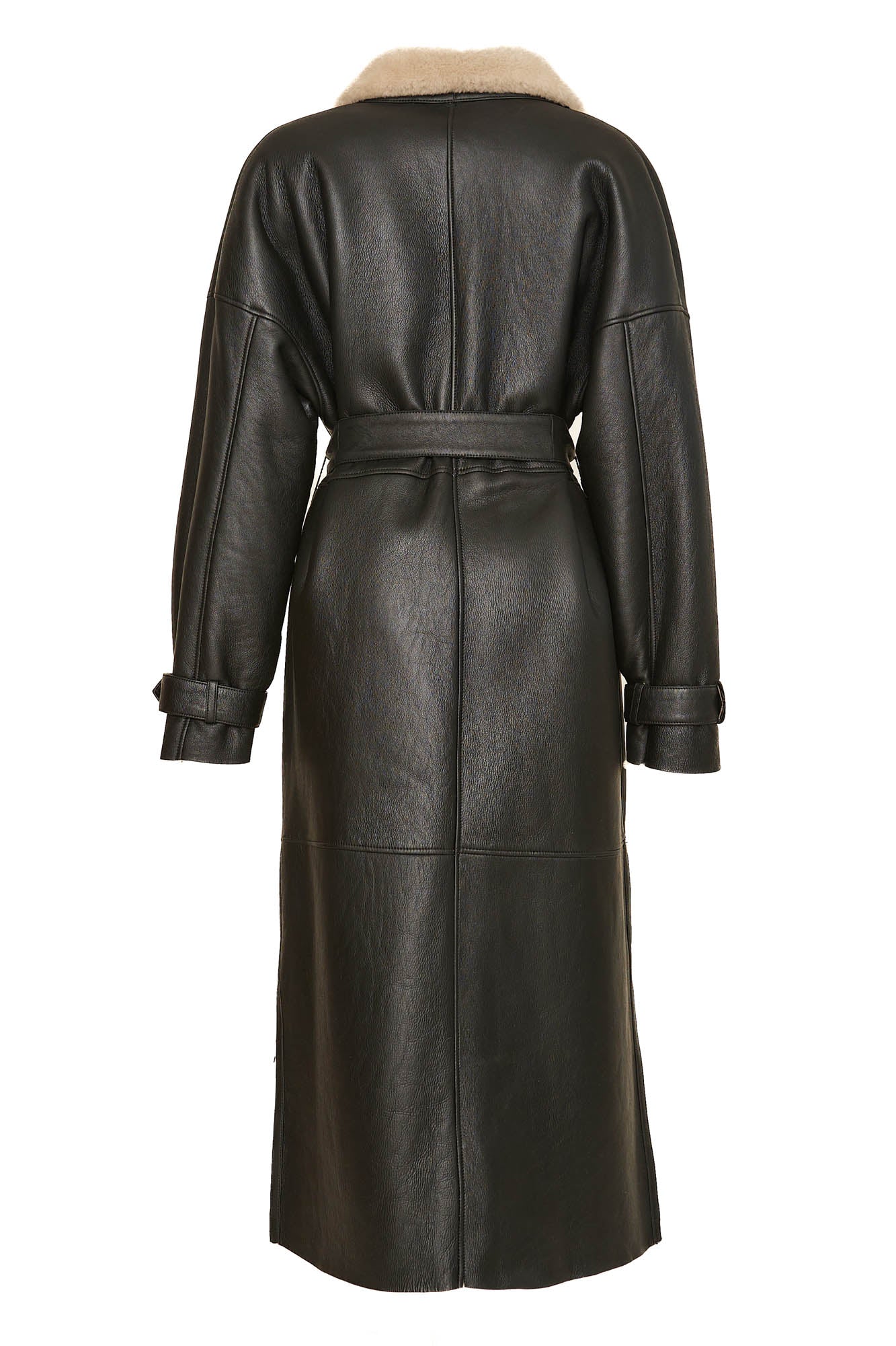 Model wearing Berghof Shearling Coat back view