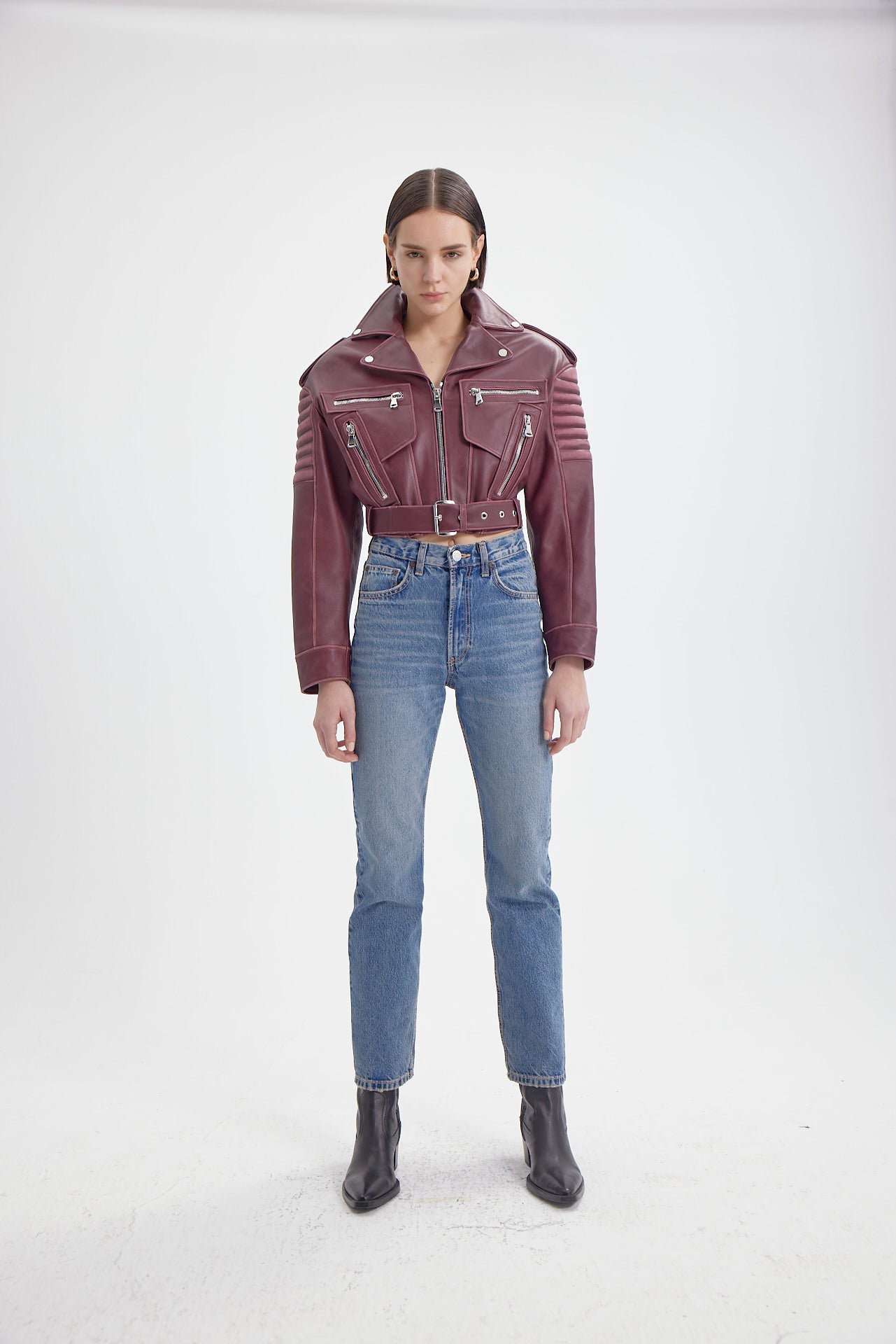 Model wearing Burgundy Moto Jacket front view