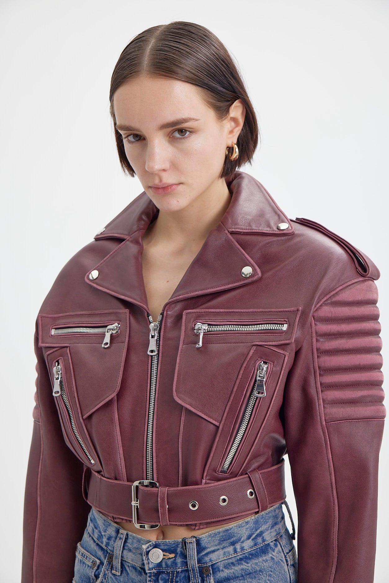 Model wearing Burgundy Moto Jacket close-up