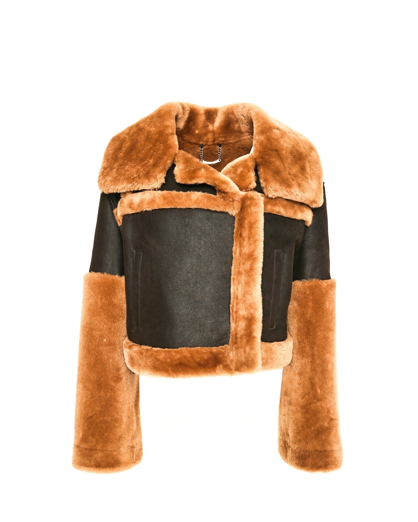 Front view of the DREJANI Aeronaut Shearling Jacket, featuring luxurious shearling and leather design.