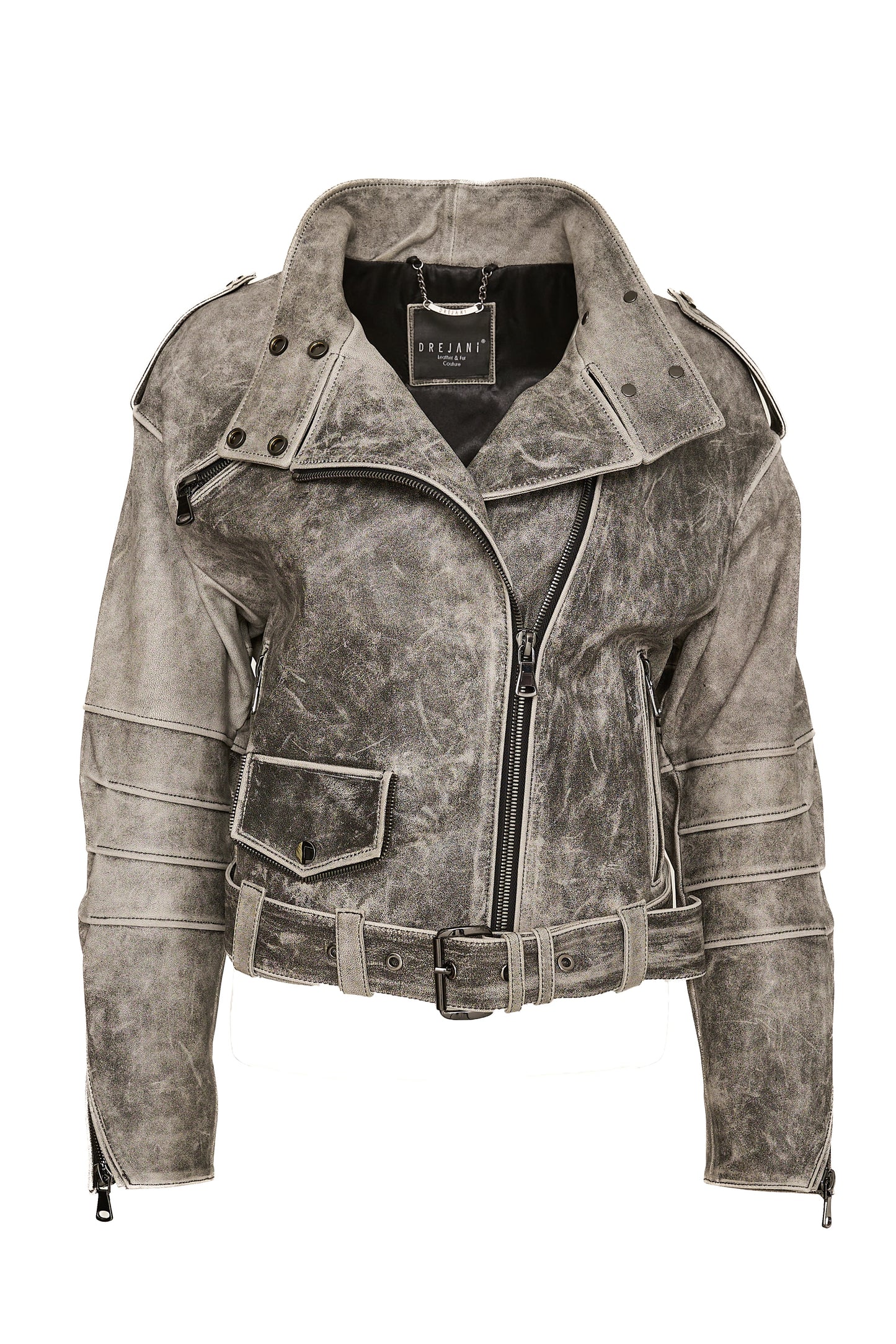 Drejani Biker Leather Jacket front view showing distressed vintage leather and asymmetrical zip closure.